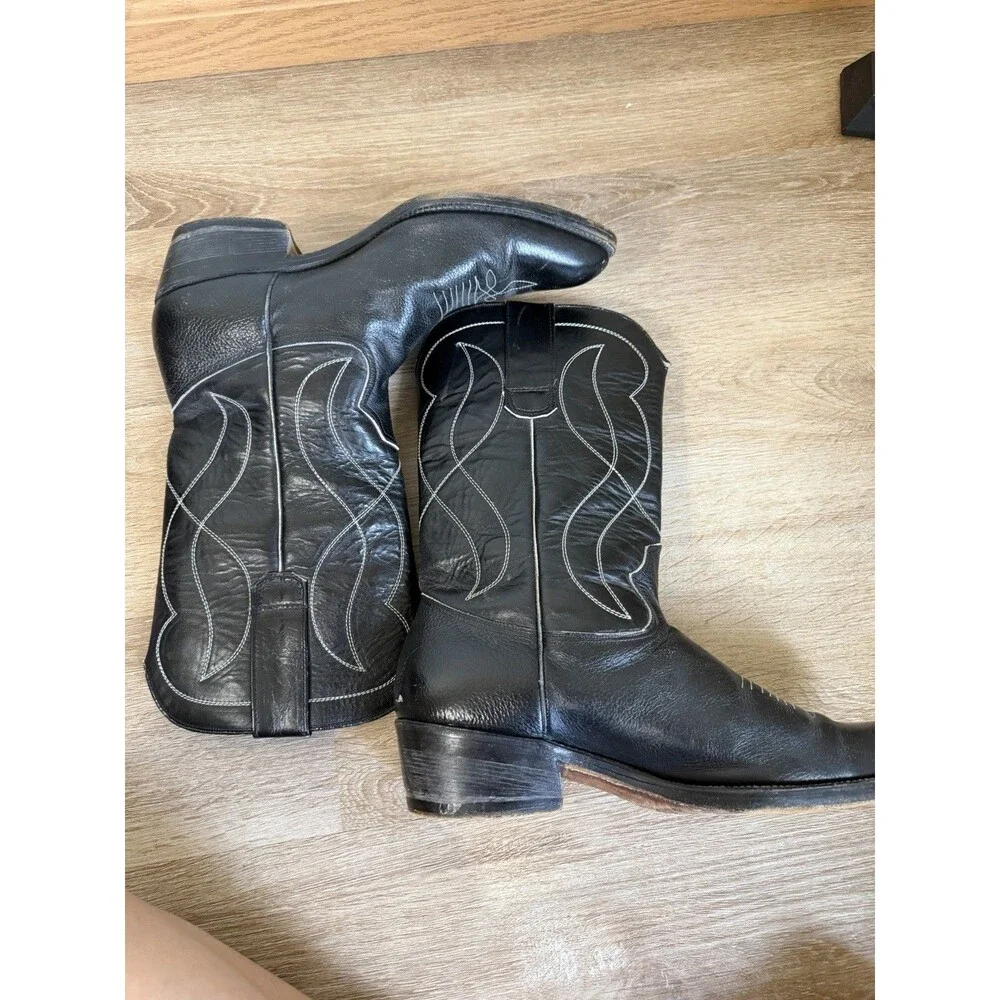Men’s Black Leather Cowboy Boots Almond Toe Western Embroidered Boots -No Size